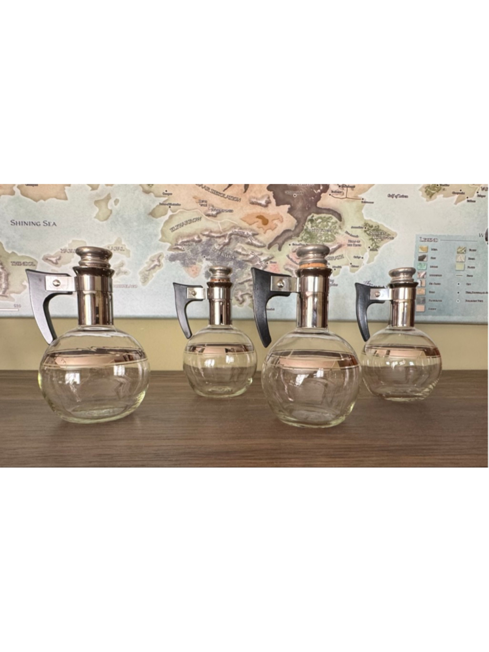 Set of 4 Mid-Century Glass Cruets w/ Bakelite Handles - Picture 2 of 4